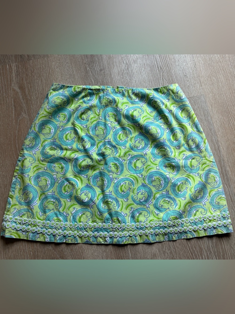 Lilly Pulitzer Carmella Skirt Women’s 10 Green Leaping Lizard Print Floral Trim